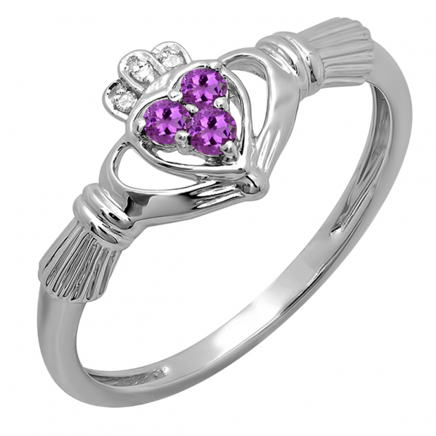 0.15 Carat (Ctw) 10k White Gold Round Amethyst & White Diamond Ladies Bridal Promise Irish Love And Friendship Band Claddagh Heart Shape Ring