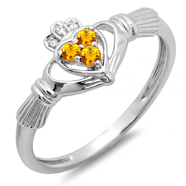 0.15 Carat (Ctw) 10k White Gold Round Citrine & White Diamond Ladies Bridal Promise Irish Love And Friendship Band Claddagh Heart Shape Ring