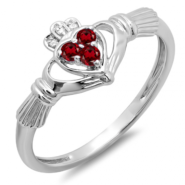 0.15 Carat (Ctw) 10k White Gold Round Garnet & White Diamond Ladies Bridal Promise Irish Love And Friendship Band Claddagh Heart Shape Ring