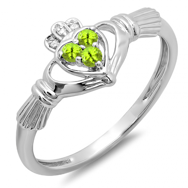 0.15 Carat (Ctw) 10k White Gold Round Peridot & White Diamond Ladies Bridal Promise Irish Love And Friendship Band Claddagh Heart Shape Ring