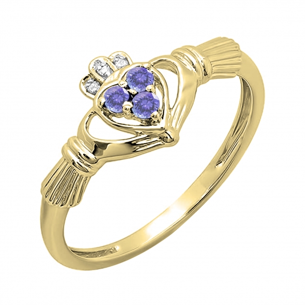 0.15 Carat (Ctw) 10k Yellow Gold Round Tanzanite & White Diamond Ladies Bridal Promise Irish Love And Friendship Band Claddagh Heart Shape Ring