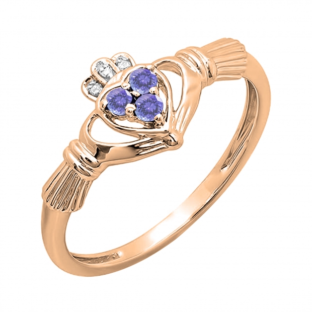 0.15 Carat (Ctw) 10k Yellow Gold Round Tanzanite & White Diamond Ladies Bridal Promise Irish Love And Friendship Band Claddagh Heart Shape Ring