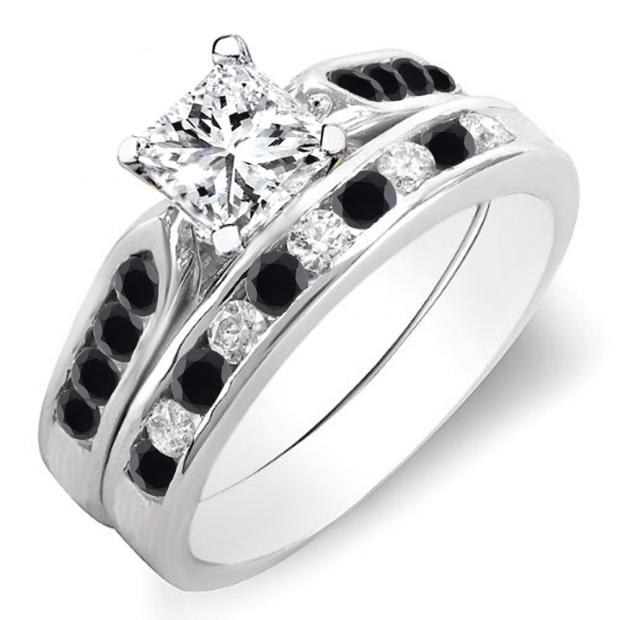 1.10 Carat (ctw) 14K White Gold Princess & Round Cut Black & White Diamond Ladies Bridal Engagement Ring Set With Matching Band 1 CT