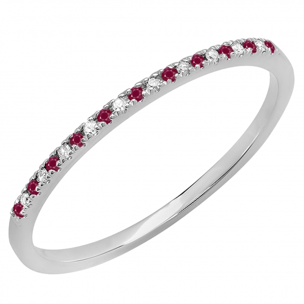 0.10 Carat (ctw) 10K White Gold Round Ruby & White Diamond Ladies Dainty Anniversary Wedding Band Stackable Ring 1/10 CT