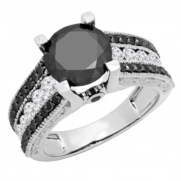 5.00 Carat (ctw) 14K White Gold Round Black & White Diamond Ladies Vintage Style Solitaire With Accents Bridal Engagement Ring 5 CT