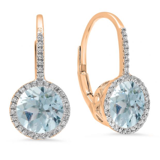 3.70 Carat (ctw) 10K Rose Gold Round Cut Aquamarine & White Diamond Ladies Halo Style Dangling Drop Earrings