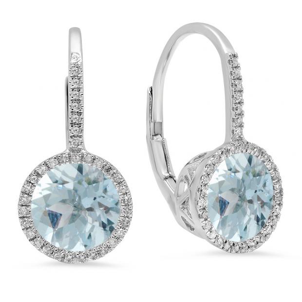 3.70 Carat (ctw) 10K White Gold Round Cut Aquamarine & White Diamond Ladies Halo Style Dangling Drop Earrings