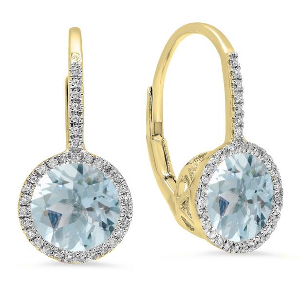 3.70 Carat (ctw) 10K Yellow Gold Round Cut Aquamarine & White Diamond Ladies Halo Style Dangling Drop Earrings