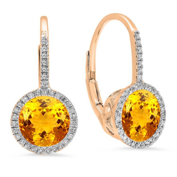 3.70 Carat (ctw) 10K Rose Gold Round Cut Citrine & White Diamond Ladies Halo Style Dangling Drop Earrings