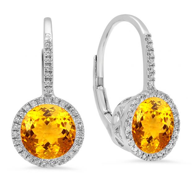 3.70 Carat (ctw) 10K White Gold Round Cut Citrine & White Diamond Ladies Halo Style Dangling Drop Earrings