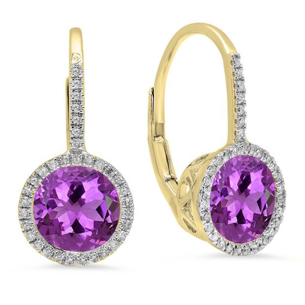 3.70 Carat (ctw) 10K Yellow Gold Round Cut Amethyst & White Diamond Ladies Halo Style Dangling Drop Earrings