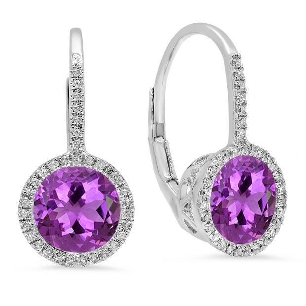 3.70 Carat (ctw) 18K White Gold Round Cut Amethyst & White Diamond Ladies Halo Style Dangling Drop Earrings