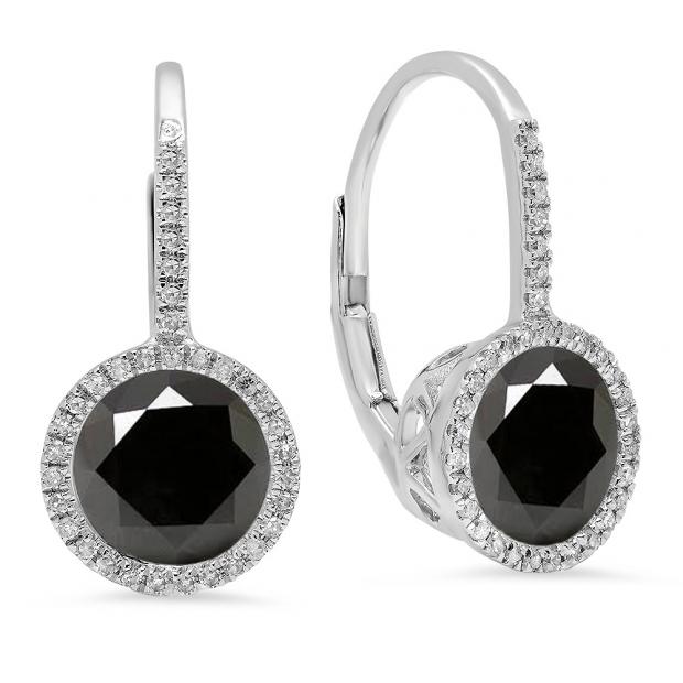 3.70 Carat (ctw) 10K White Gold Round Cut Black & White Diamond Ladies Halo Style Dangling Drop Earrings