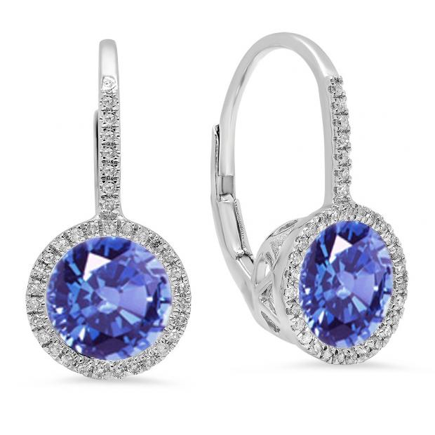 3.70 Carat (ctw) 14K White Gold Round Cut Tanzanite & White Diamond Ladies Halo Style Dangling Drop Earrings