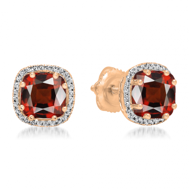 2.40 Carat (ctw) 10K Rose Gold Cushion Cut Garnet & Round Cut White Diamond Ladies Halo Style Stud Earrings