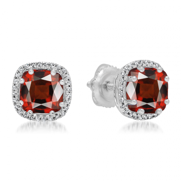 2.40 Carat (ctw) 10K White Gold Cushion Cut Garnet & Round Cut White Diamond Ladies Halo Style Stud Earrings