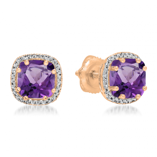 2.40 Carat (ctw) 10K Rose Gold Cushion Cut Amethyst & Round Cut White Diamond Ladies Halo Style Stud Earrings