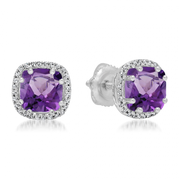 2.40 Carat (ctw) 10K White Gold Cushion Cut Amethyst & Round Cut White Diamond Ladies Halo Style Stud Earrings