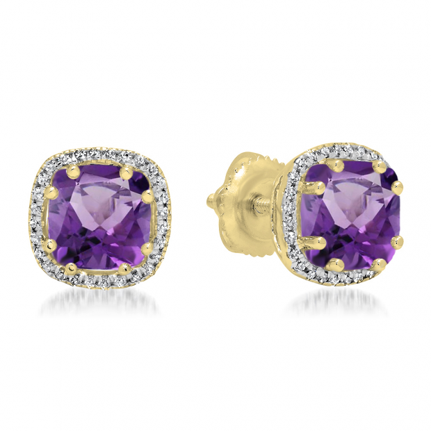 2.40 Carat (ctw) 10K Yellow Gold Cushion Cut Amethyst & Round Cut White Diamond Ladies Halo Style Stud Earrings