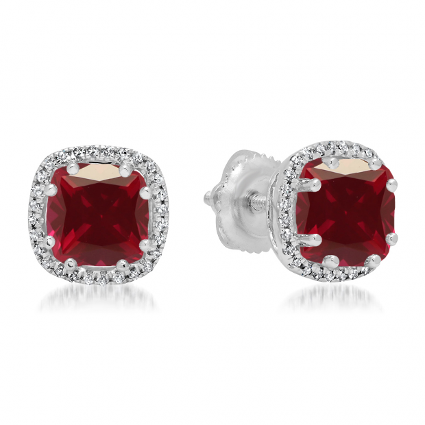 2.40 Carat (ctw) 10K White Gold Cushion Cut Ruby & Round Cut White Diamond Ladies Halo Style Stud Earrings