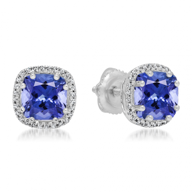 2.40 Carat (ctw) 10K White Gold Cushion Cut Tanzanite & Round Cut White Diamond Ladies Halo Style Stud Earrings