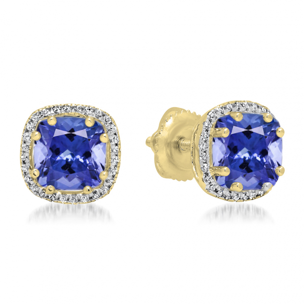2.40 Carat (ctw) 14K Yellow Gold Cushion Cut Tanzanite & Round Cut White Diamond Ladies Halo Style Stud Earrings