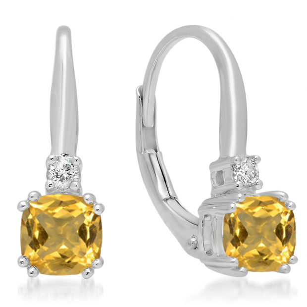 1.05 Carat (ctw) 10K White Gold Cushion Cut Citrine & Round Cut White Diamond Ladies Dangling Drop Earrings 1 CT
