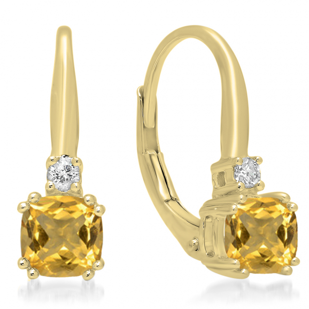 1.05 Carat (ctw) 10K Yellow Gold Cushion Cut Citrine & Round Cut White Diamond Ladies Dangling Drop Earrings 1 CT