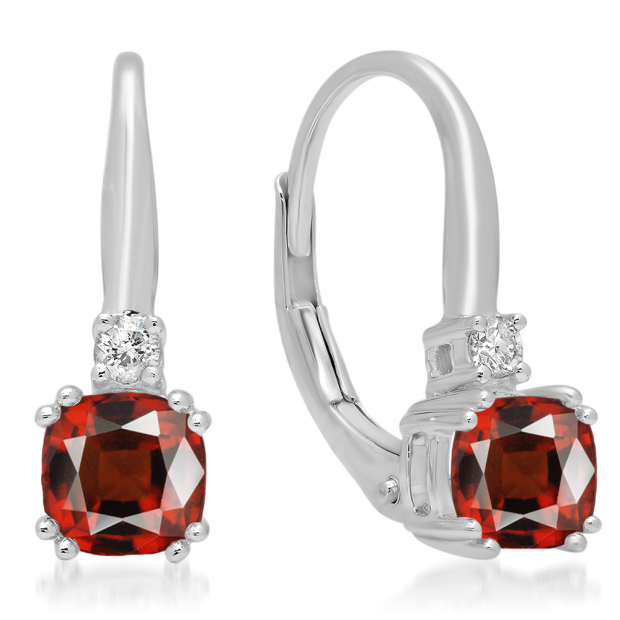 1.05 Carat (ctw) 10K White Gold Cushion Cut Garnet & Round Cut White Diamond Ladies Dangling Drop Earrings 1 CT