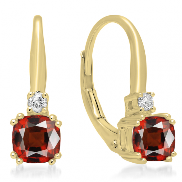 1.05 Carat (ctw) 10K Yellow Gold Cushion Cut Garnet & Round Cut White Diamond Ladies Dangling Drop Earrings 1 CT