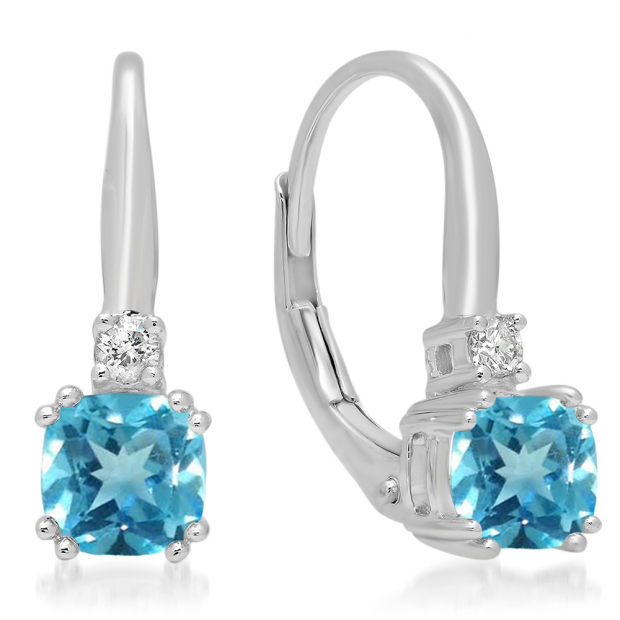 1.05 Carat (ctw) 10K White Gold Cushion Cut Blue Topaz & Round Cut White Diamond Ladies Dangling Drop Earrings 1 CT