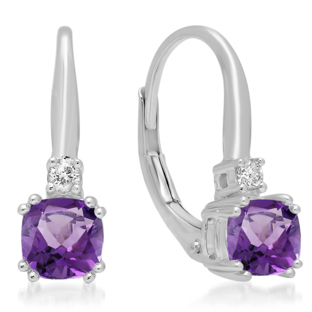 1.05 Carat (ctw) 10K White Gold Cushion Cut Amethyst & Round Cut White Diamond Ladies Dangling Drop Earrings 1 CT