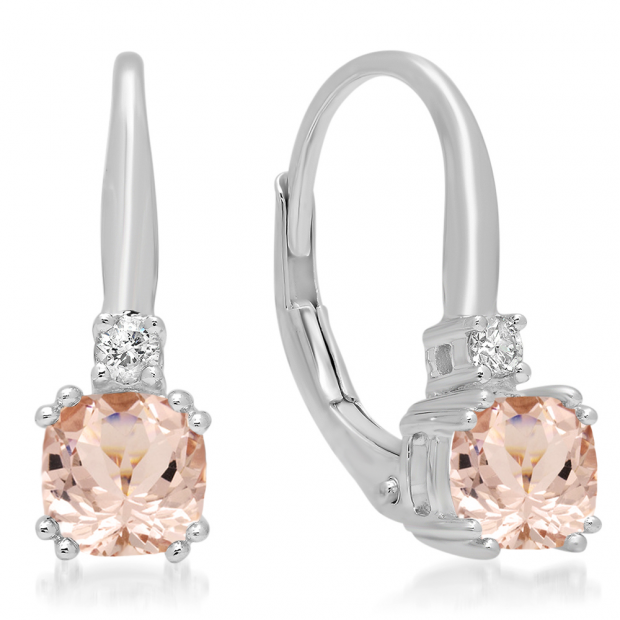 1.05 Carat (ctw) 10K White Gold Cushion Cut Morganite & Round Cut White Diamond Ladies Dangling Drop Earrings 1 CT