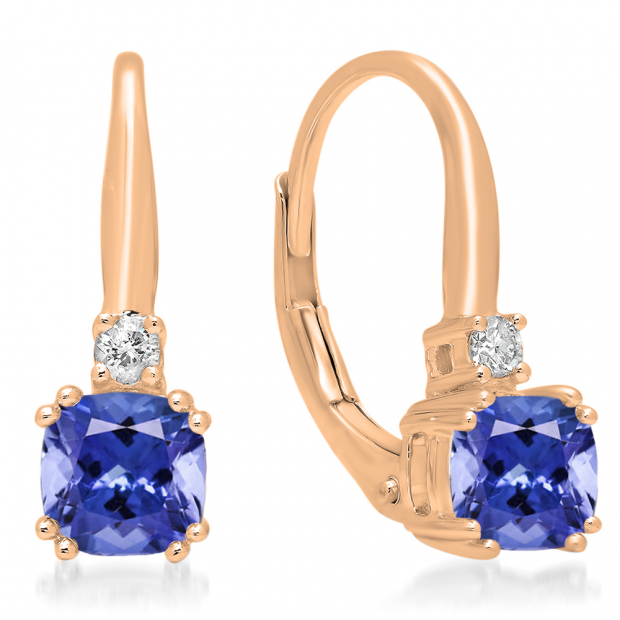 1.05 Carat (ctw) 10K Rose Gold Cushion Cut Tanzanite & Round Cut White Diamond Ladies Dangling Drop Earrings 1 CT
