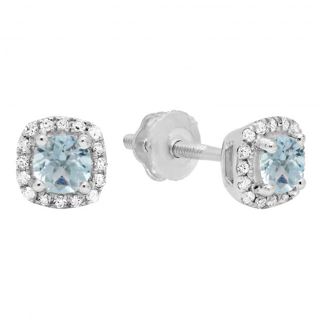 0.45 Carat (ctw) 10K White Gold Round Cut Aquamarine & White Diamond Ladies Halo Style Stud Earrings 1/2 CT