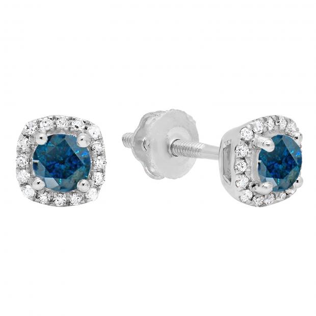 0.45 Carat (ctw) 10K White Gold Round Cut Blue & White Diamond Ladies Halo Style Stud Earrings 1/2 CT