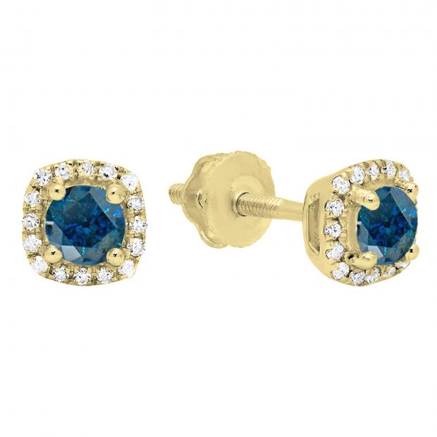 0.45 Carat (ctw) 10K Yellow Gold Round Cut Blue & White Diamond Ladies Halo Style Stud Earrings 1/2 CT