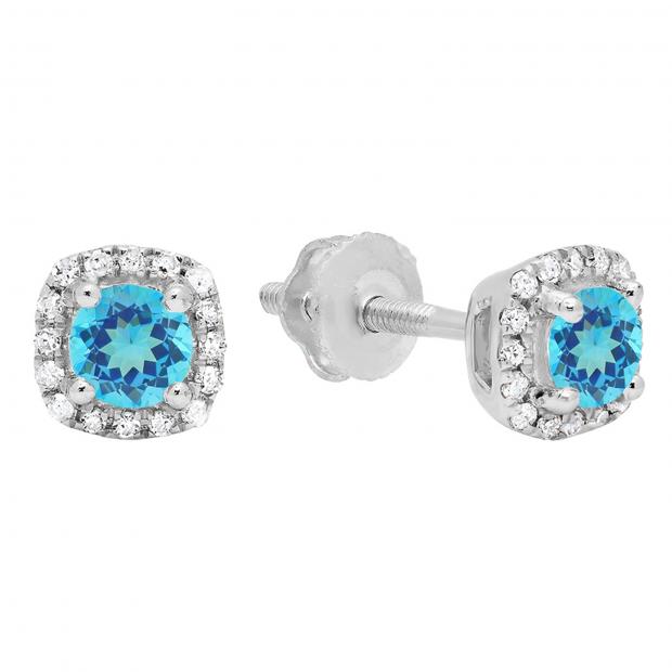 0.45 Carat (ctw) 10K White Gold Round Cut Blue Topaz & White Diamond Ladies Halo Style Stud Earrings 1/2 CT