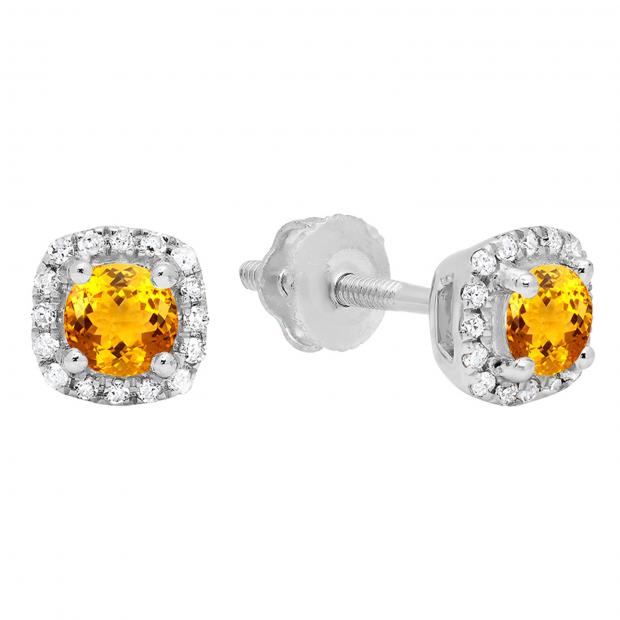 0.45 Carat (ctw) 10K White Gold Round Cut Citrine & White Diamond Ladies Halo Style Stud Earrings 1/2 CT