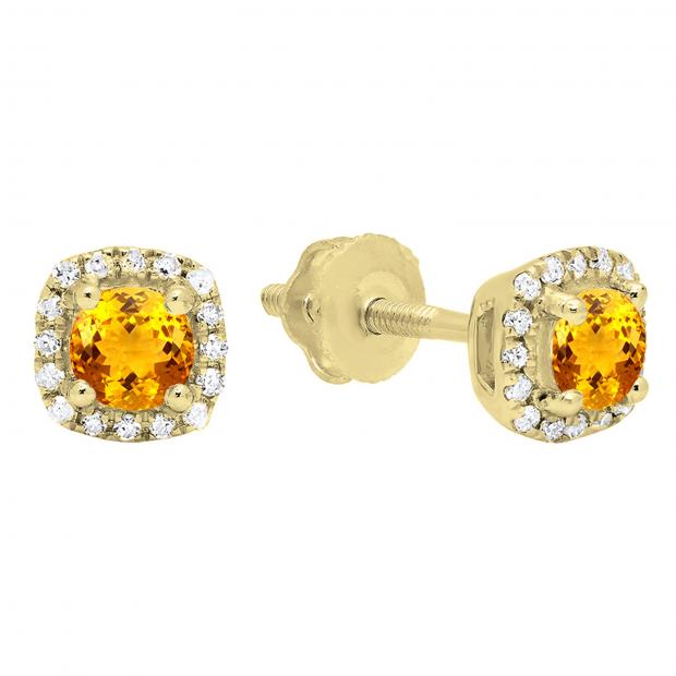 0.45 Carat (ctw) 10K Yellow Gold Round Cut Citrine & White Diamond Ladies Halo Style Stud Earrings 1/2 CT