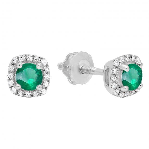 0.45 Carat (ctw) 10K White Gold Round Cut Emerald & White Diamond Ladies Halo Style Stud Earrings 1/2 CT
