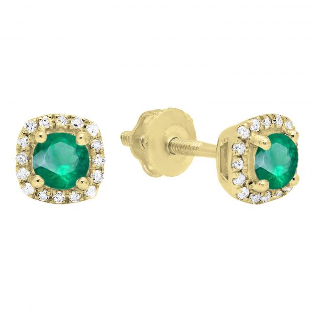 0.45 Carat (ctw) 10K Yellow Gold Round Cut Emerald & White Diamond Ladies Halo Style Stud Earrings 1/2 CT