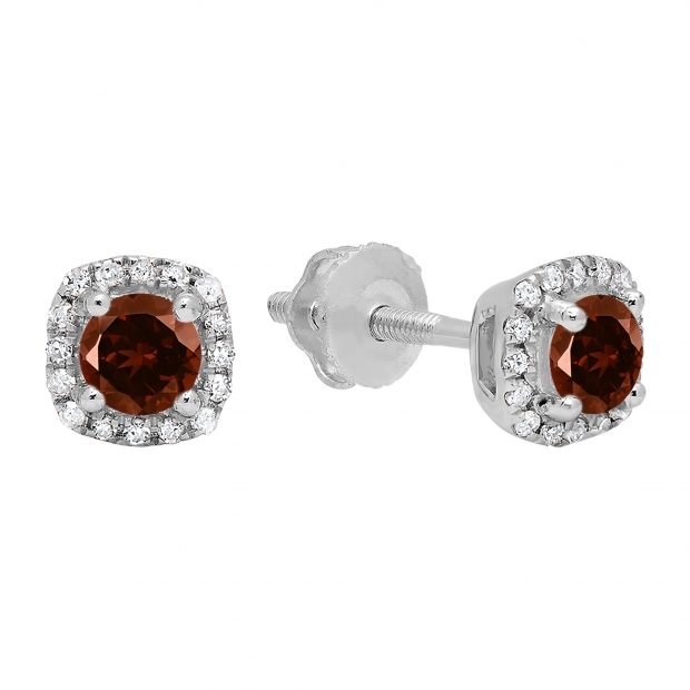 0.45 Carat (ctw) 14K White Gold Round Cut Garnet & White Diamond Ladies Halo Style Stud Earrings 1/2 CT