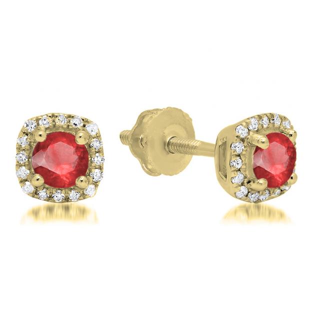 0.45 Carat (ctw) 10K Yellow Gold Round Cut Ruby & White Diamond Ladies Halo Style Stud Earrings 1/2 CT
