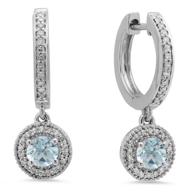 0.70 Carat (ctw) 10K White Gold Round Aquamarine & White Diamond Ladies Halo Style Dangling Drop Earrings 3/4 CT