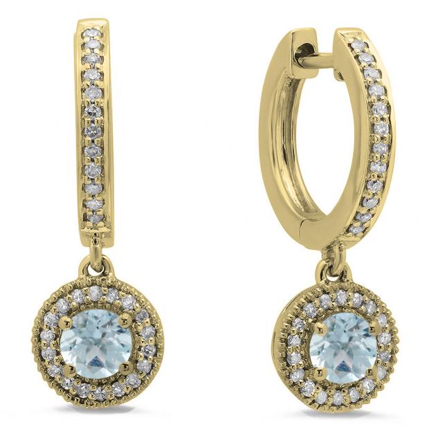 0.70 Carat (ctw) 10K Yellow Gold Round Aquamarine & White Diamond Ladies Halo Style Dangling Drop Earrings 3/4 CT