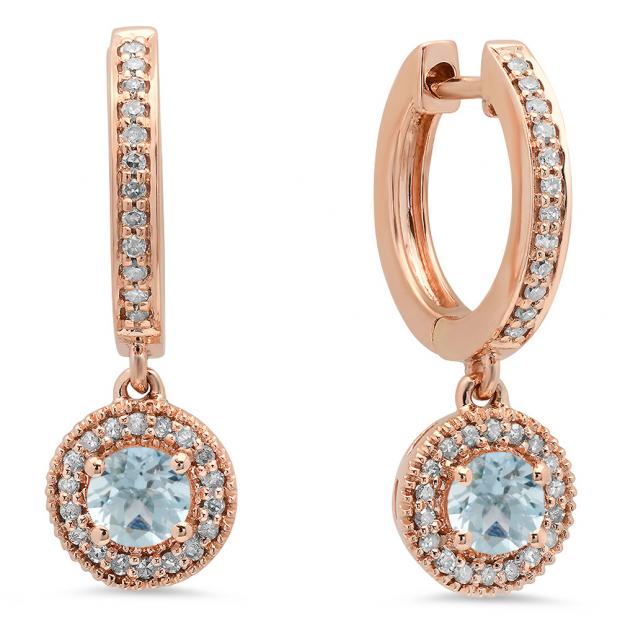 0.70 Carat (ctw) 14K Rose Gold Round Aquamarine & White Diamond Ladies Halo Style Dangling Drop Earrings 3/4 CT
