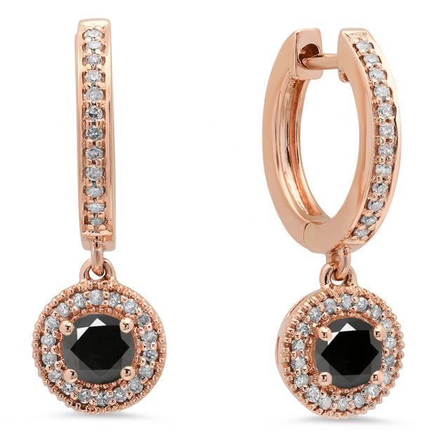 0.70 Carat (ctw) 10K Rose Gold Round Black & White Diamond Ladies Halo Style Dangling Drop Earrings 3/4 CT