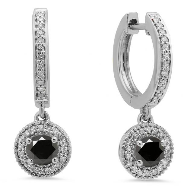 0.70 Carat (ctw) 10K White Gold Round Black & White Diamond Ladies Halo Style Dangling Drop Earrings 3/4 CT