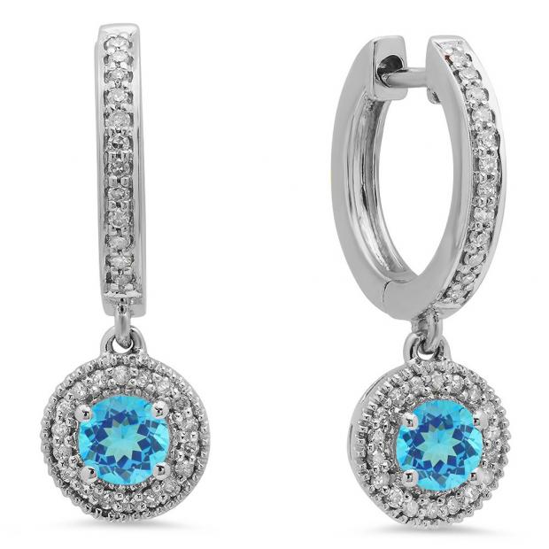 0.70 Carat (ctw) 10K White Gold Round Blue Topaz & White Diamond Ladies Halo Style Dangling Drop Earrings 3/4 CT